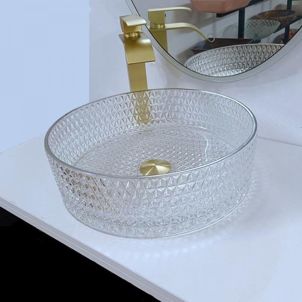 Quality 10 Inch Glass Wash Basin Free Standing Artistic Glass Vessel Bowl With Silver for sale