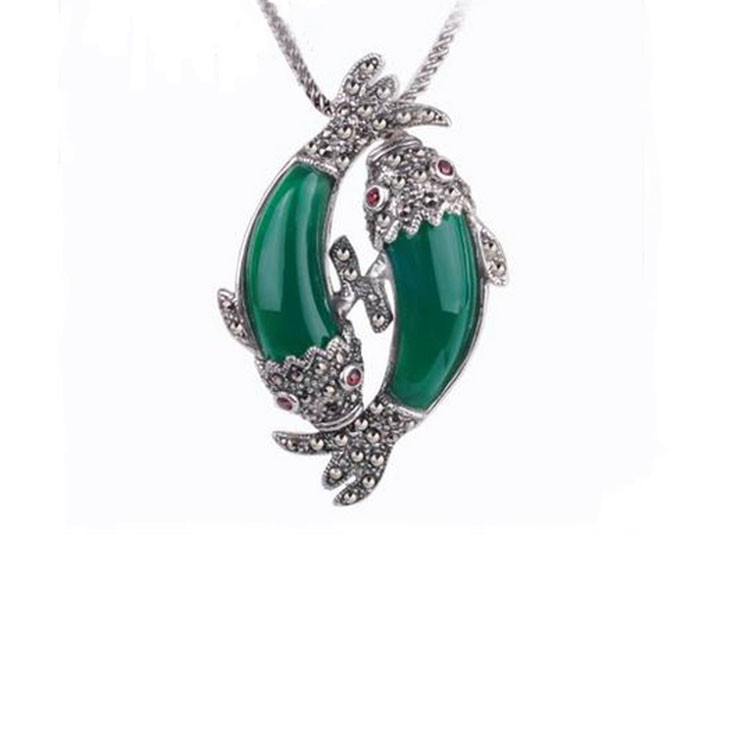 China Thai 925 Silver Double Fishes Green Agate Pendant with Sterling Silver Chain (N11066GREEN) factory