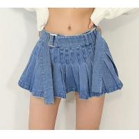 China Oem Apparel Manufacturers Women'S Pleated Skirt With Belt A - Line Skirt High Waist Denim Skirt factory