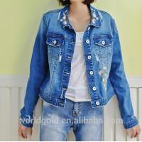 China Fancy Distressed Stretch Embroidered Denim Jacket For Womens Fashion Design factory