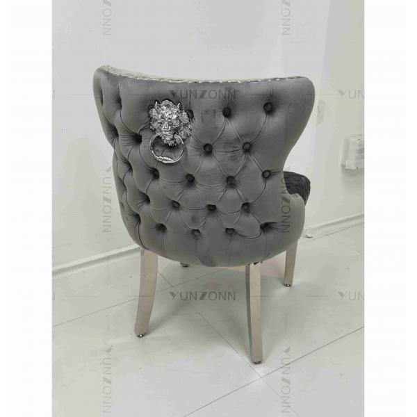 Quality Gray Power Lion Buttoned Back Dining Chair Padded Dining Room Chairs Silver Stainless Steel Legs for sale