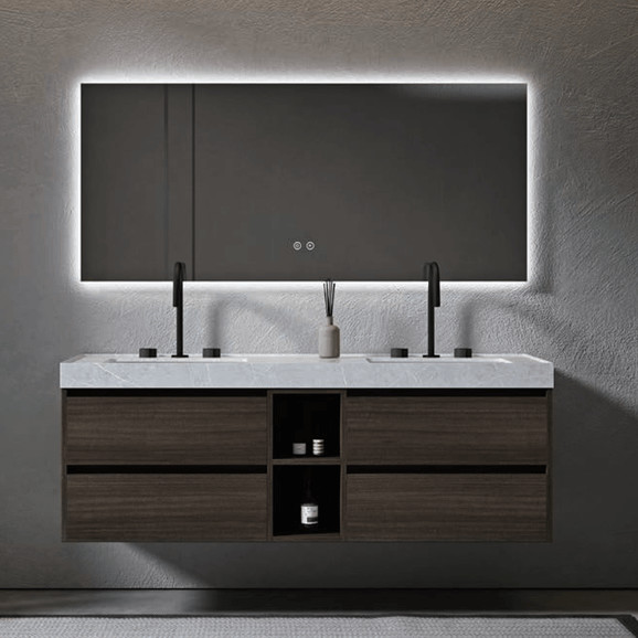 Quality Flush Slab Style Sintered Stone Bathroom Vanity Cabinet With Sink for sale