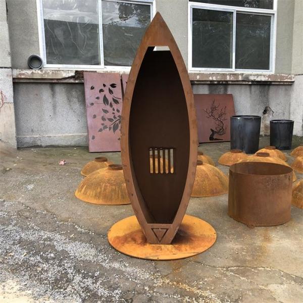 Quality Large Garden Corten Steel Structure Sinking Canoe Shape Wood Storage Sculpture for sale