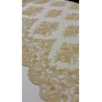 China French Stretch Beige Pearl Beaded Wedding Lace Fabric With Scalloped Edge factory