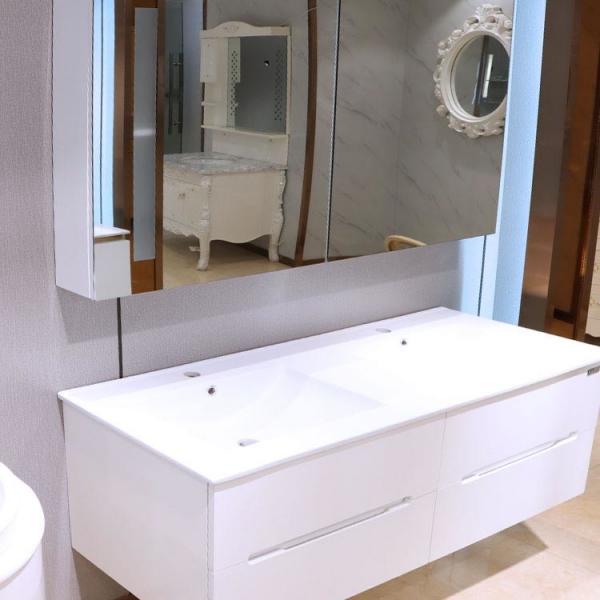 Quality 80*48cm PVC Bathroom Cabinets With LED Mirror And Ceramic Basins for sale