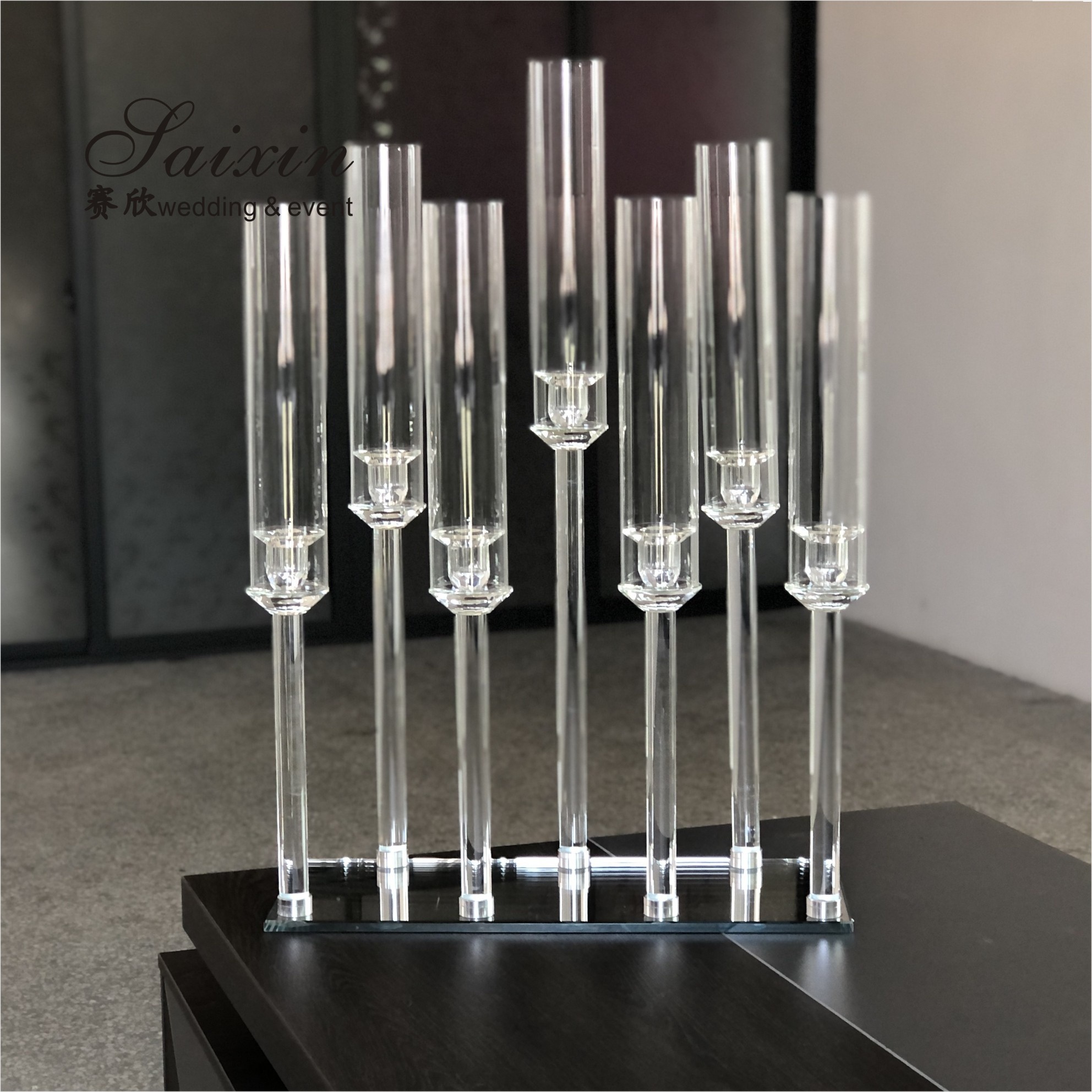 China 7 Arms Crystal Taper Candle Holders Event Table Decorations With Glass Tubes 50cmx70cm factory