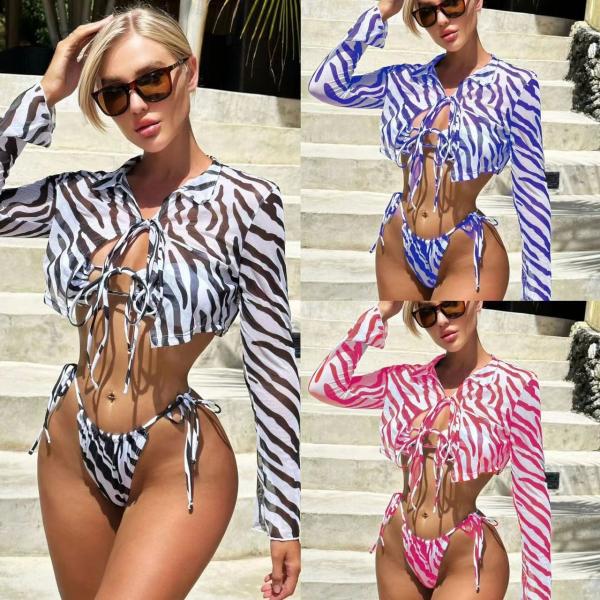 Quality Striped Printed 3 Piece Swimwear Shirt Collar Mesh Sexy Three Piece Bikini Set for sale