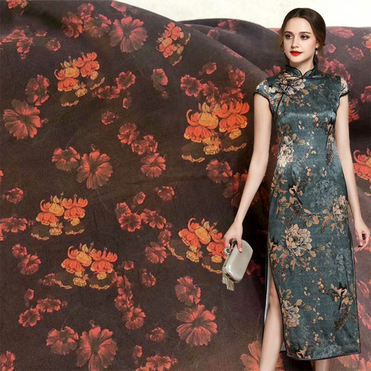 China Custom Printed Sandwashed 27mm Silk Crepe De Chine Fabric Pure Silk Brocade Fabric factory