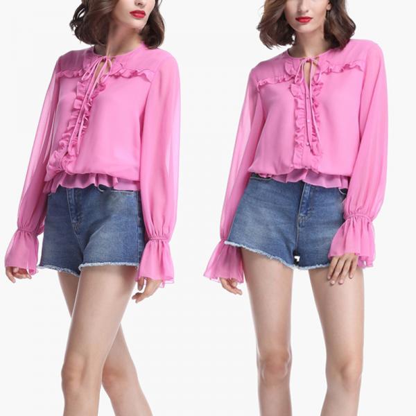 Quality Women Fashionable Long Sleeve Pink Blouse With Ruffles for sale