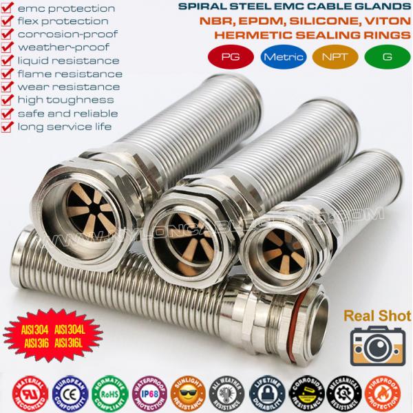 Quality NPT Thread Stainless Steel EMC Cable Glands (Cord Grips) IP68 with Spiral Flex Protector for sale