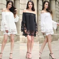 Buy cheap sexy flounce off shoulder lace trim chiffon ladies' black and white tops from wholesalers