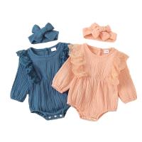 China Wholesale baby summer Lace Ruffled muslin Buttons baby bodysuit with headwrap set factory