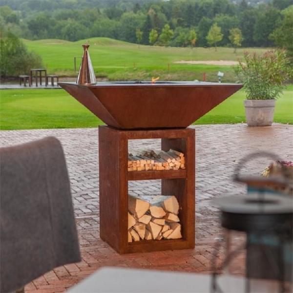 Quality Outdoor Kitchen Tall Base Square Corten Steel Wood Burning Fire Pit Grill for sale