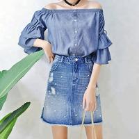 China Women Charming Denim Skirts With Pearls ，Blue Jean Skirts For Ladies factory