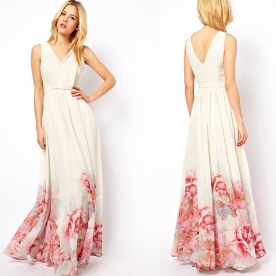 Quality Elegant V Neck Sleeveless Floral Printed Maxi Bohemian Woman Dress for sale