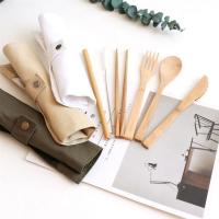 China Travel Organic Bamboo Spoon Fork Chopsticks Flatware Utensil Cutlery Set In Pouch factory