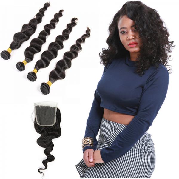 Quality Natural Color Black Indian Virgin Remy Hair Extensions 4 Bundles Loose Wave for sale