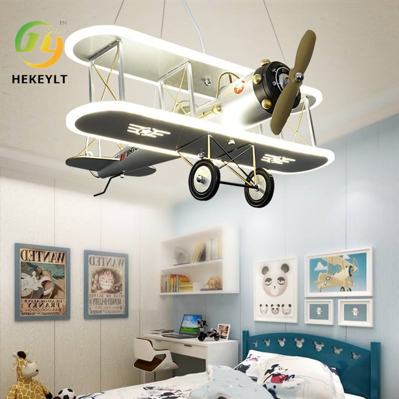 China Creative LED Children'S Airplane Light Boy Bedroom Room Personality Smart Cartoon Pendant Light factory