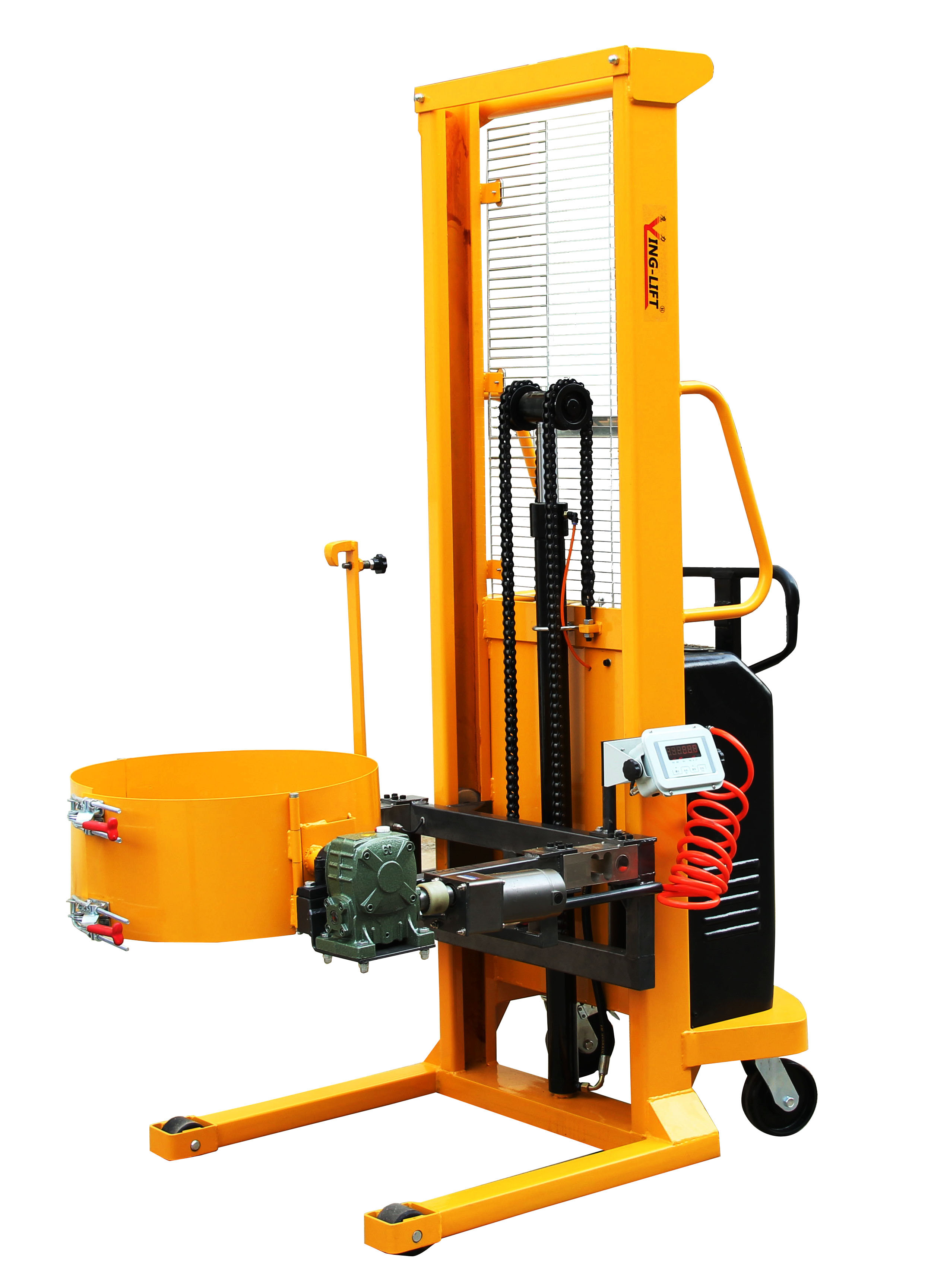China Electric forklift drum dumper lift for transporting, stacking, rotating and weighting drums factory