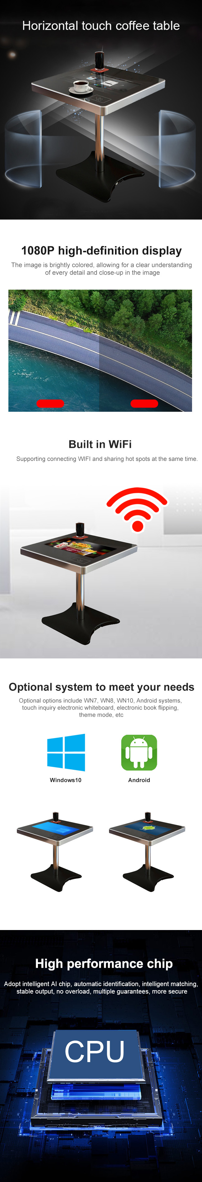 Horizontal Smart Interactive Multitouch Android / Windows System Lcd Advertising Panel Touch Screen Table