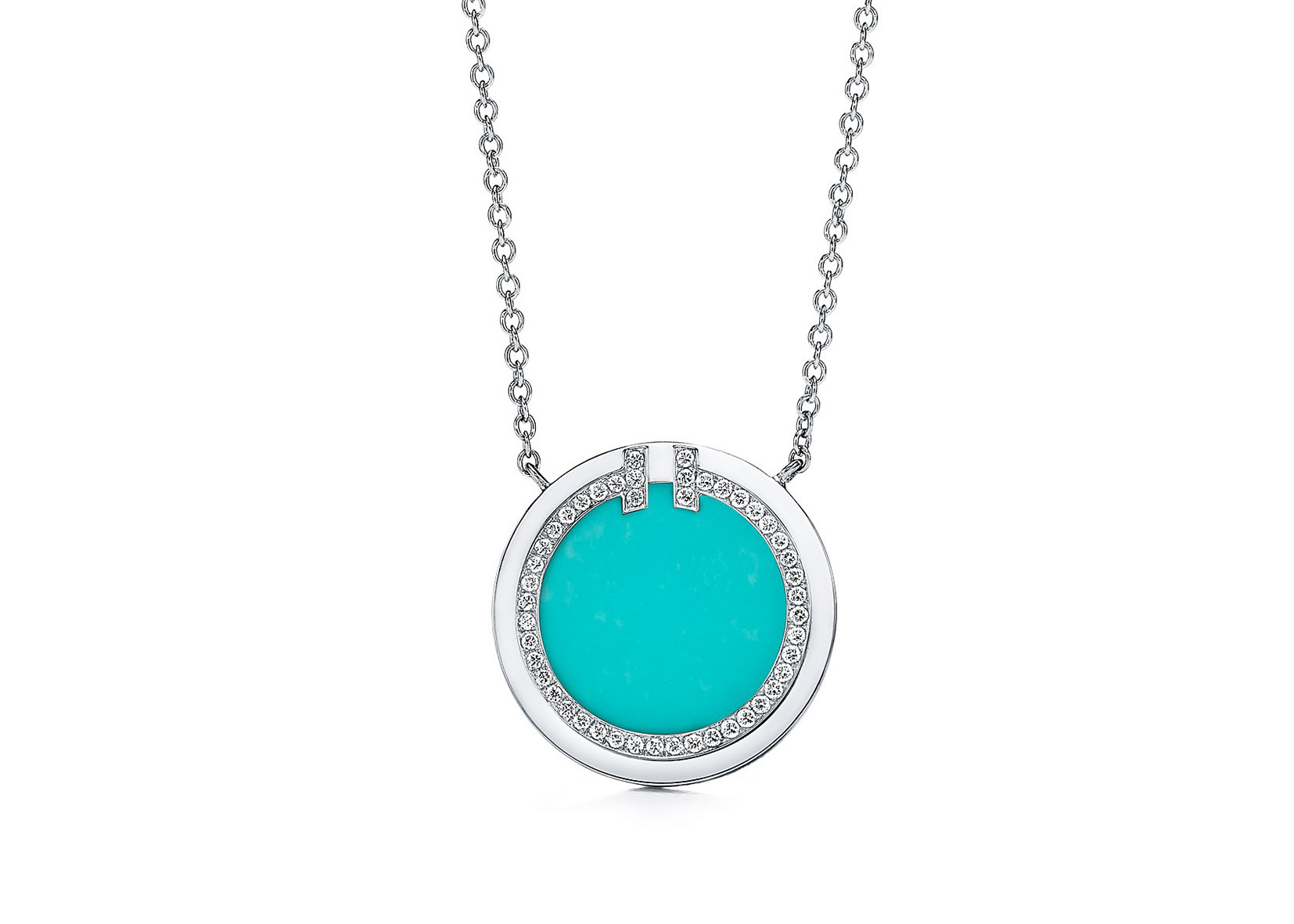 China 18k White Gold Diamond And Turquoise Circle Pendant with 16-18inch Chain factory