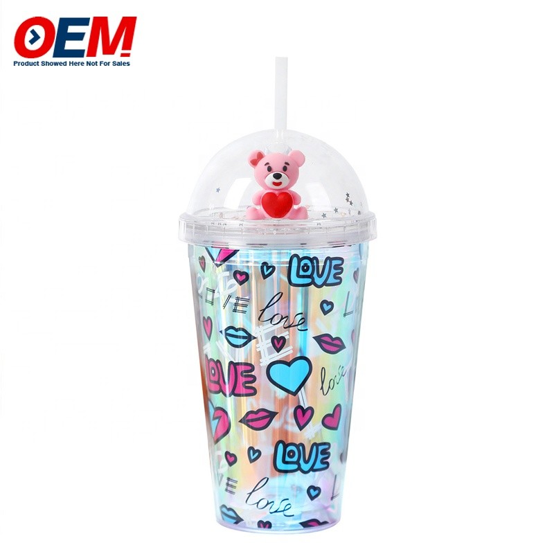 China PP Double Wall Cup With Straw 450ml Plastic Cup  Cute Bear Water Cup factory