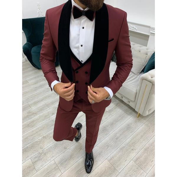 Quality Lazio Burgundy Mens Tuxedo Suit Slim Fit Velvet Shawl Lapel Tuxedo for sale