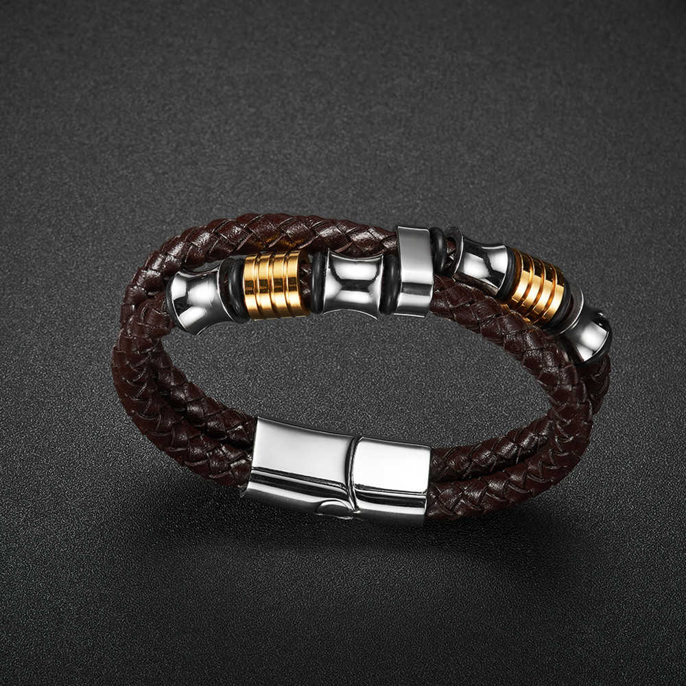 China High quality body jewelry double stainless steel woven leather bracelet with magnetic clasp factory