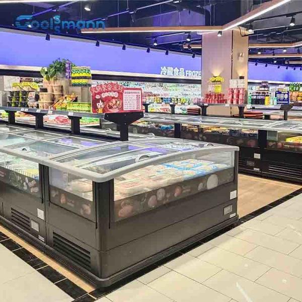 Quality Single Sided Supermarket Island Freezer End Panel 80mm Glass Chest Cabinet for sale