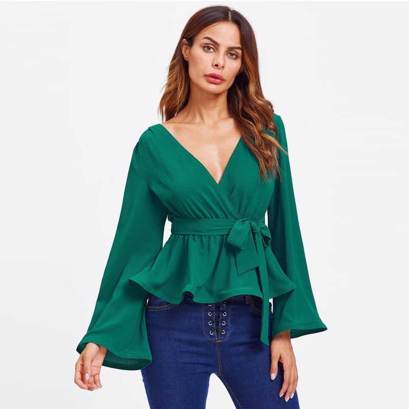 China Bell Sleeve Wrap Blouse with Deep V Neck factory