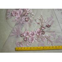 China Embroidered 55 Inch Peach Color 3D Floral Rose Lace Fabric With Beads And Sequins factory