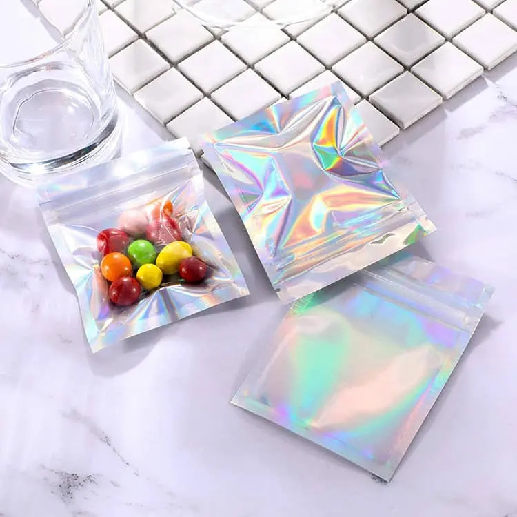 China Clear Holographic Resealable Bags Special Shaped Zip Lock Child Proof Plastic Small factory