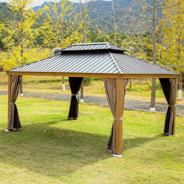 Quality 12x12 14x12 Metal Roof Gazebo Villa Yard With Curtains And Netting for sale