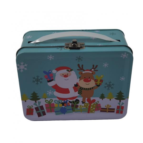 Quality Glossy Finish Christmas Small Metal Lunch Tin Box With Lock And Handle for sale