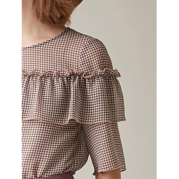 Quality Ladies Short Sleeve Plaid Blouse With Ruffle for sale