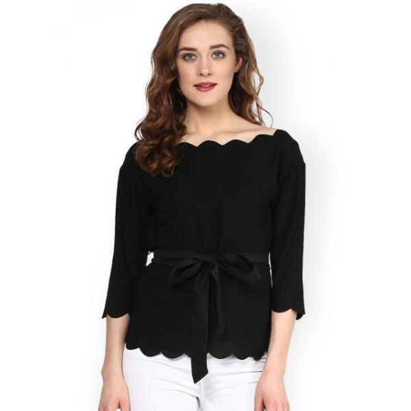 Quality Women Fashionable Black Scalloped Top for sale