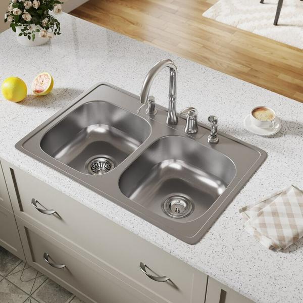 Quality 33'X19' 4 Holes Brushed Stainless Steel Double Bowl Sink Topmount for sale
