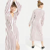 China 2018 New Arrival Fall Long Sleeve White and Red Striped Zip Front Sex V neck Midi Dress Ladies Autumn factory