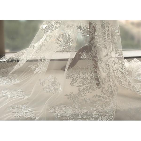 Quality White Tulle Corded Bridal Stretch Lace Fabric , Floral Embroidered Wedding Dress Lace Fabric for sale