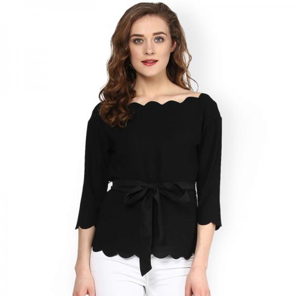 Quality Women Fashionable Black Scalloped Top for sale