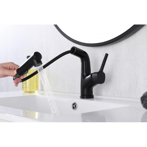 Quality Matte Black Brass Bathroom Basin Faucets With Sprayer Single Handle Rotating for sale