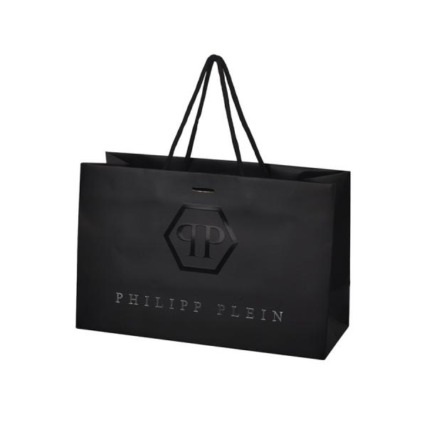 Quality Black Custom Printed Kraft Shopping Bags With UV Coating Silver Stamping for sale