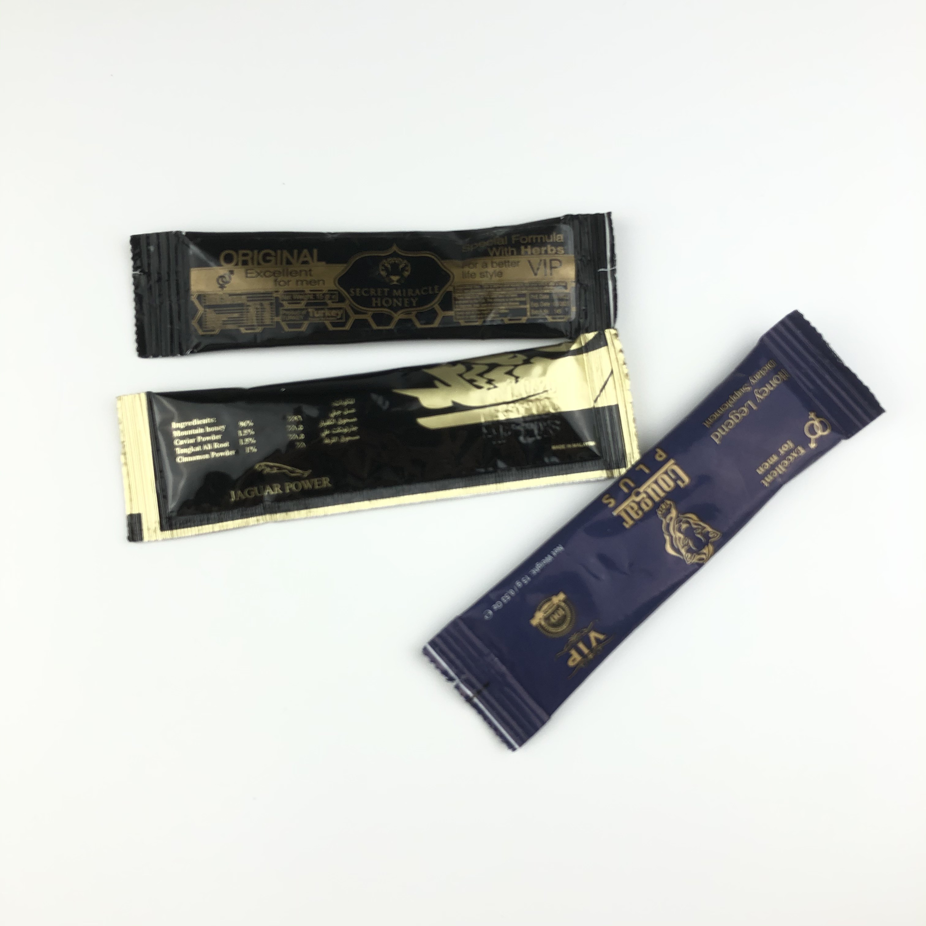 China 10g Raw Honey Liquid Packaging Bag Sachet With Gold Foil Display Box factory