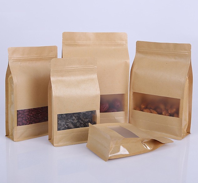 China Eight Side Seal Dry Fruit Kraft Paper Flat Bottom Gusset Bags Biodegradable factory