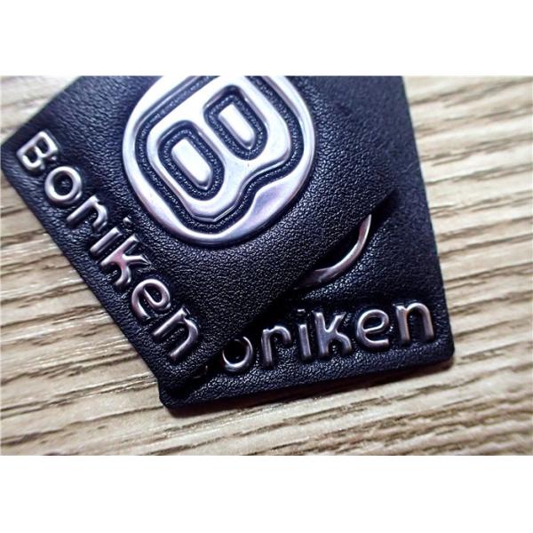 Quality Black Embossed Leather Patches With Silver Embossment TPU Logo For Bags for sale