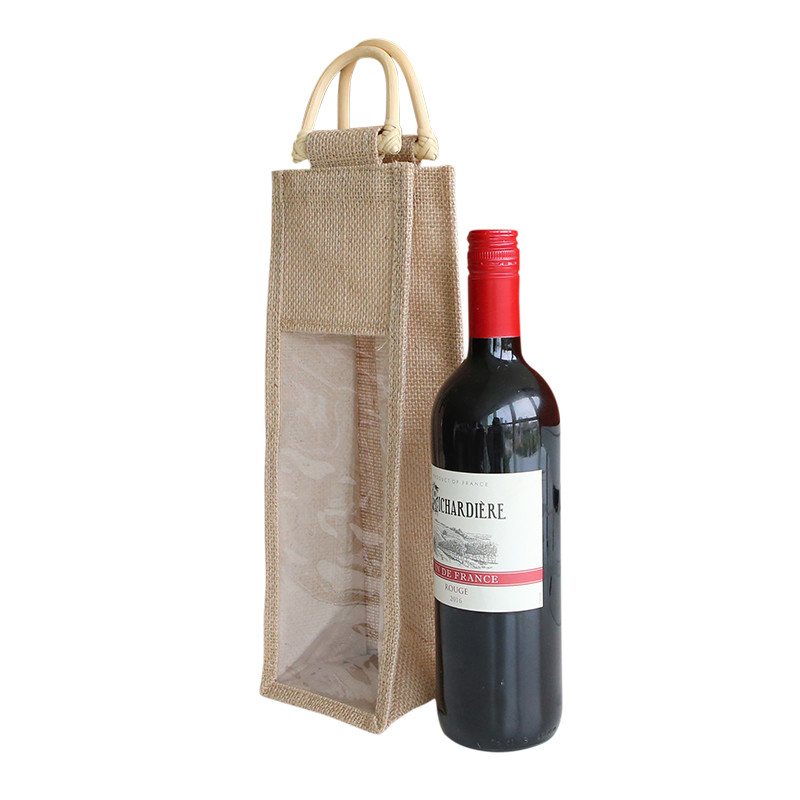 China One Bottles Wine Burlap Tote Bag Recyclable Beer Festival With PVC Window factory