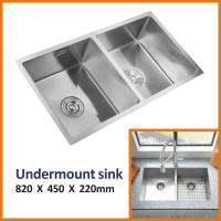 China Stainless Steel Brushed Steel Undermount Sink , 16 Gauge 25 Inch Double Bowl Kitchen Sink for sale