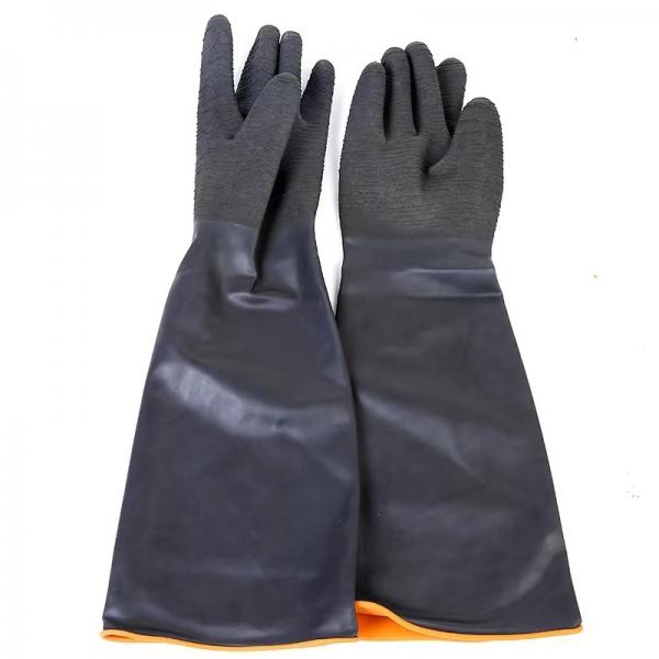 Quality Wrinkle Rubber Industrial Gloves Heavy Duty Rubber 55Cm Flocked Lining for sale