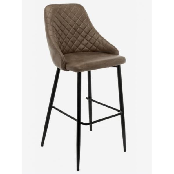 Quality Retro Brown Leather Upholstery Kitchen Barstool Chairs With Footrest Black Steel Leg for sale