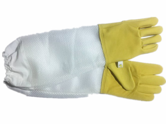 Quality Durable Yellow Sheepskin Beekeeping gloves with white soft ventilated part, white elastic cuff for sale